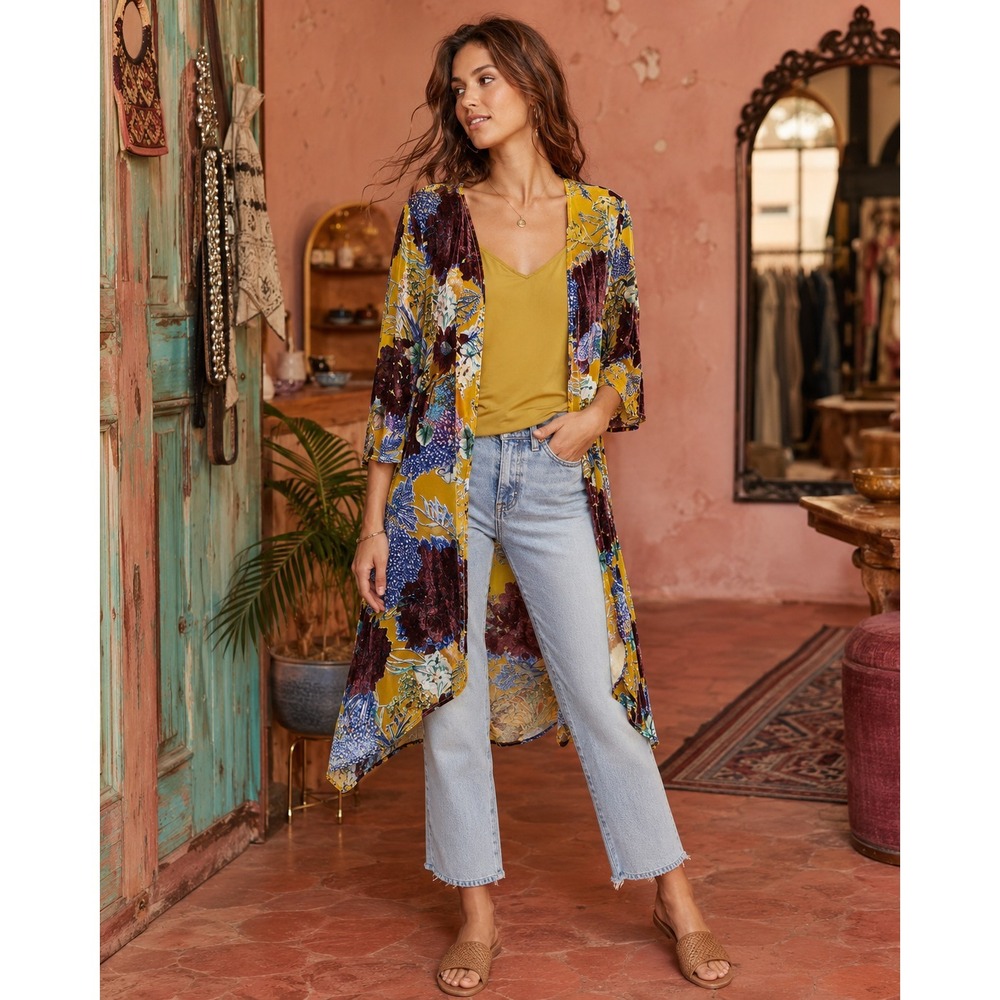 Floreat x Anthropologie Aurelia Velvet Burnout Floral Kimono O/S Hippie Boho Top - Picture 16 of 16